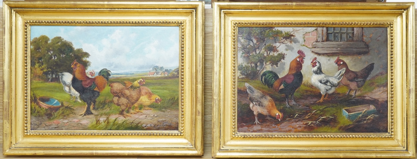Edward S. England (fl.1890-1910), Studies of chickens before landscapes, each signed, pair of oils on canvas, 24 x 34cm, gilt framed
